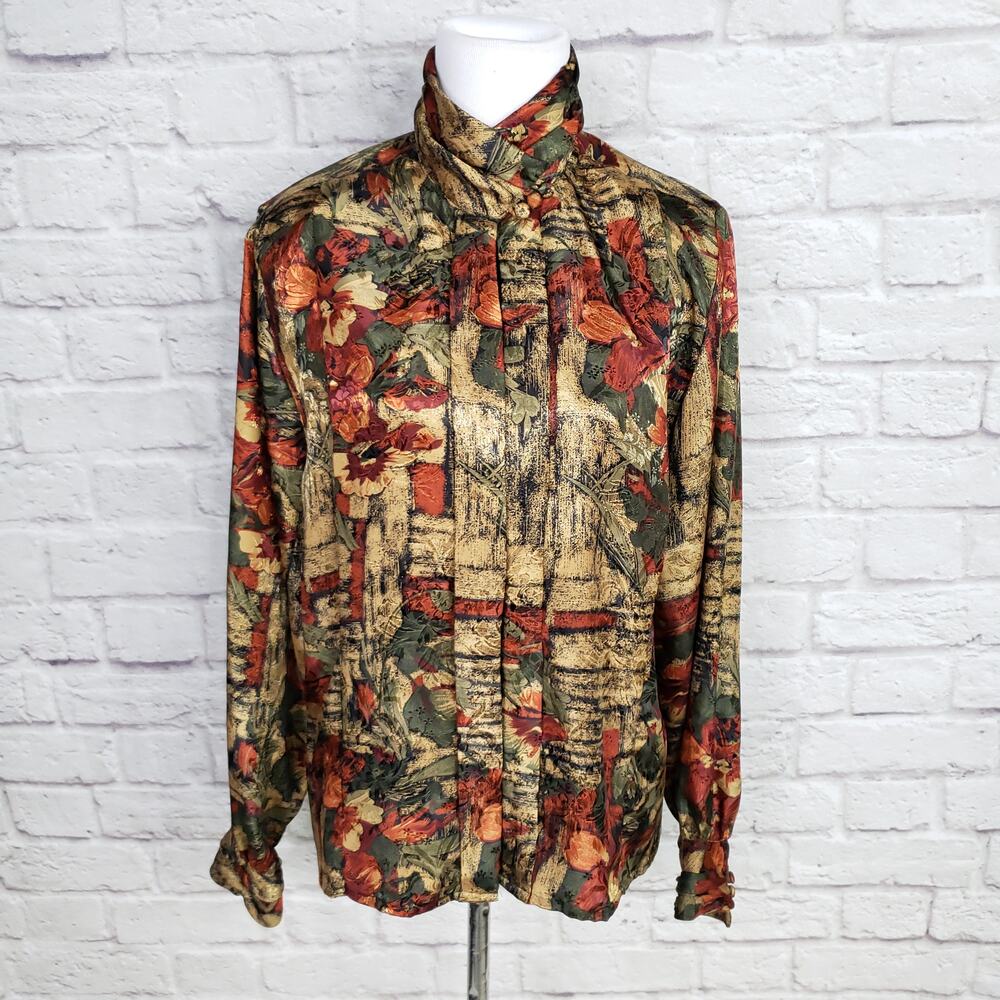 Vintage High Neck Gold Red Green Polyester Blouse Sz 6